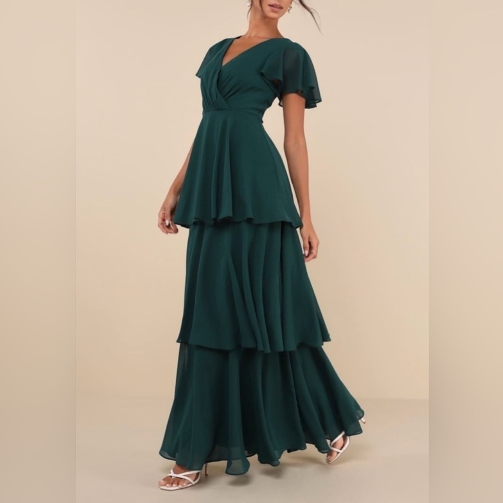 Lulus NWT “Sincerely Exquisite” Emerald Green Short Sleeve Tiered Maxi Dress - Picture 8 of 12